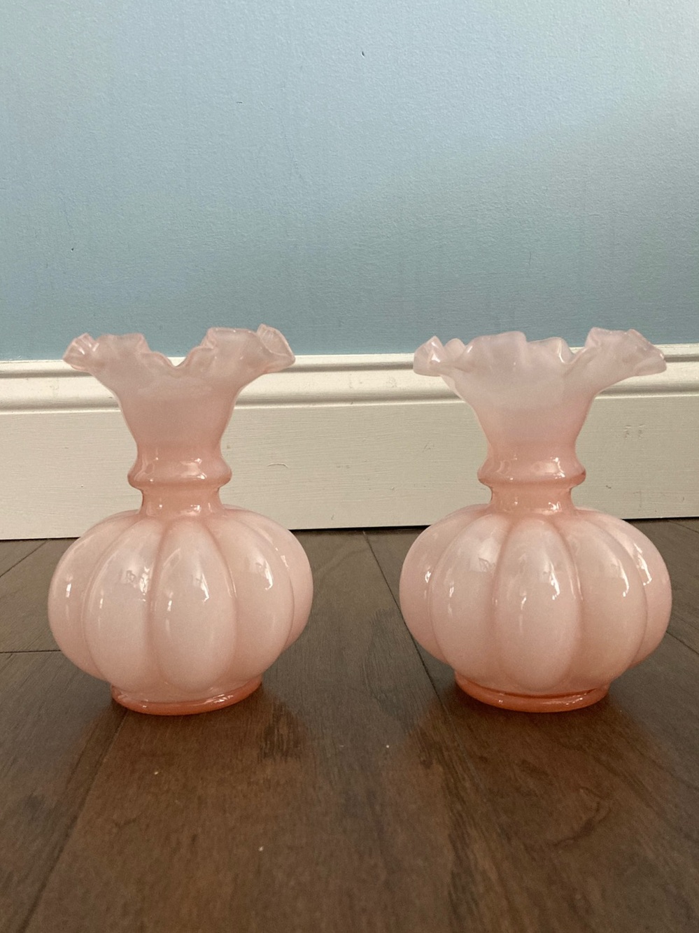 SET: 2 Fenton Peach Crest Vases Pink Ruffles Crimped Bundle 1940s